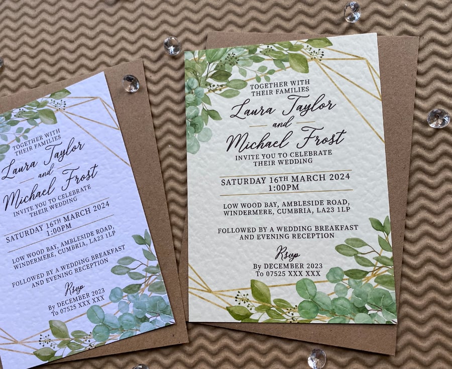 10 Eucalyptus greenery geometric gold frame WEDDING INVITATIONS cards invites