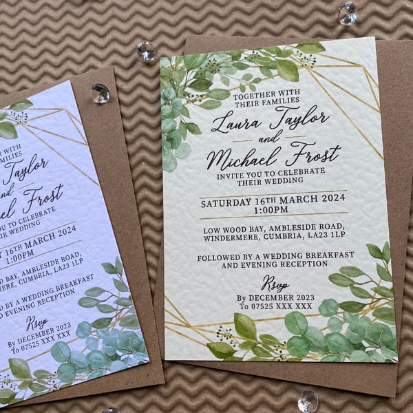 10 Eucalyptus greenery geometric gold frame WEDDING INVITATIONS cards invites