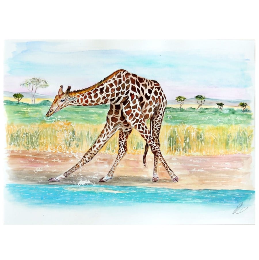 Giraffe in Landscape Original Watercolour