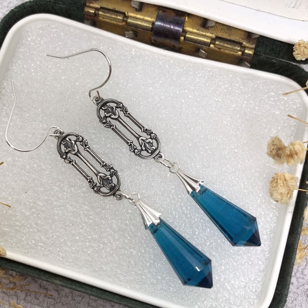 Vintage Style Blue Glass Teardrop Silver Drop Earrings