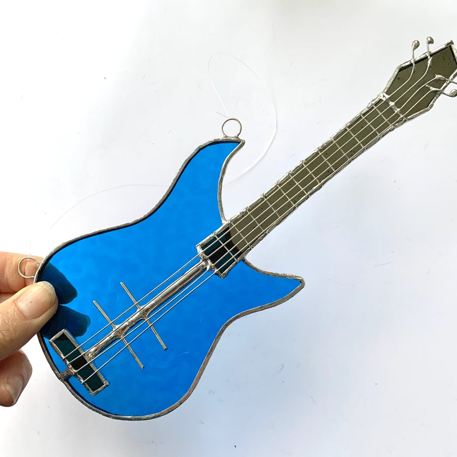 Stained Glass Bass Guitar Suncatcher - Handmade Hanging Decoration - Blue
