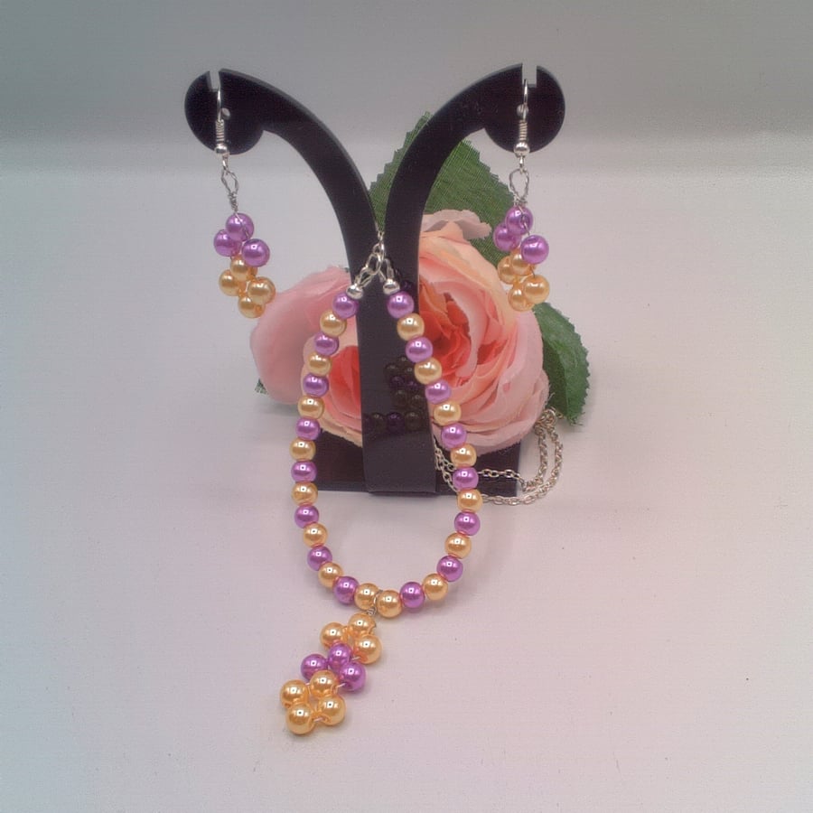 Pink and Lemon Pearl Necklace and Earrings Set, Gift for Her, Pearl Jewellery