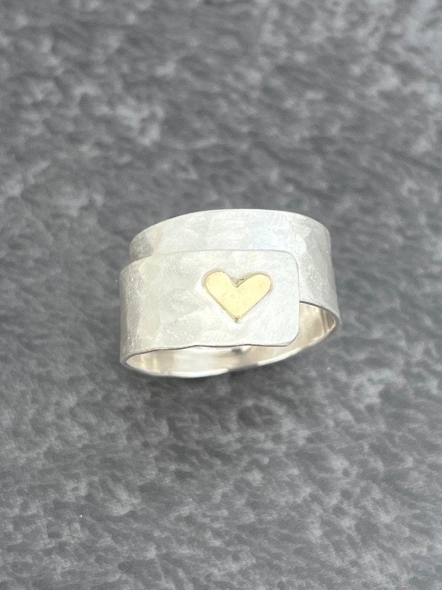 Gold Heart Wrap Over Ring, adjustable ring, gold heart ring, hammered ring, 