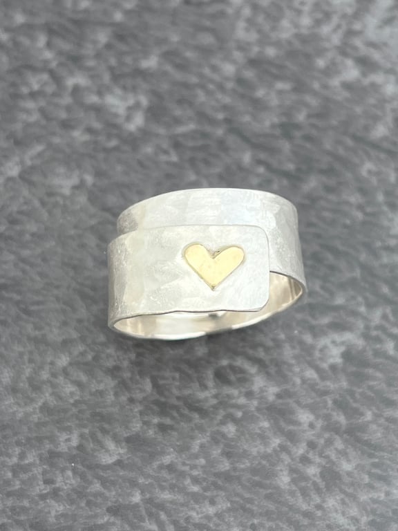 Gold Heart Wrap Over Ring, adjustable ring, gold heart ring, hammered ring, 