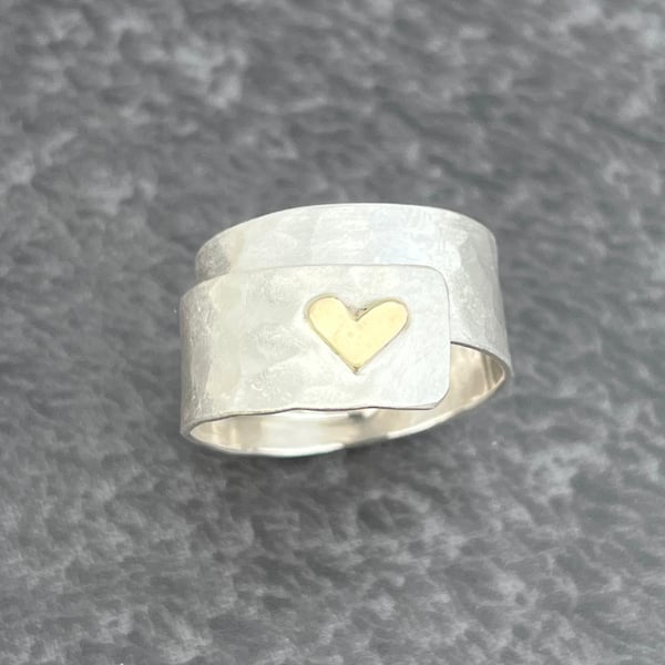 Gold Heart Wrap Over Ring, adjustable ring, gold heart ring, hammered ring, 