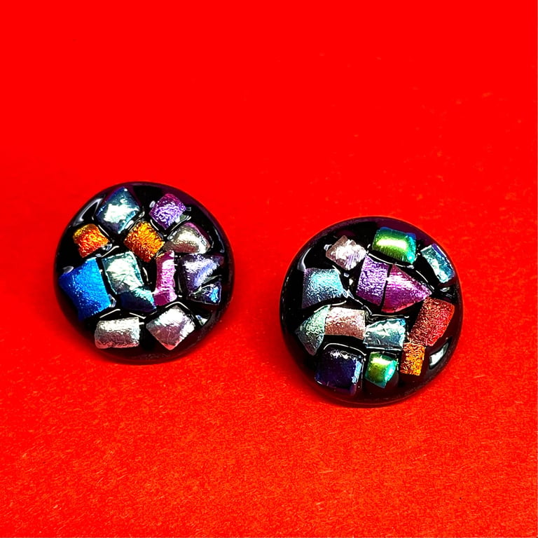 Set of two black satin dichroic glass shank buttons