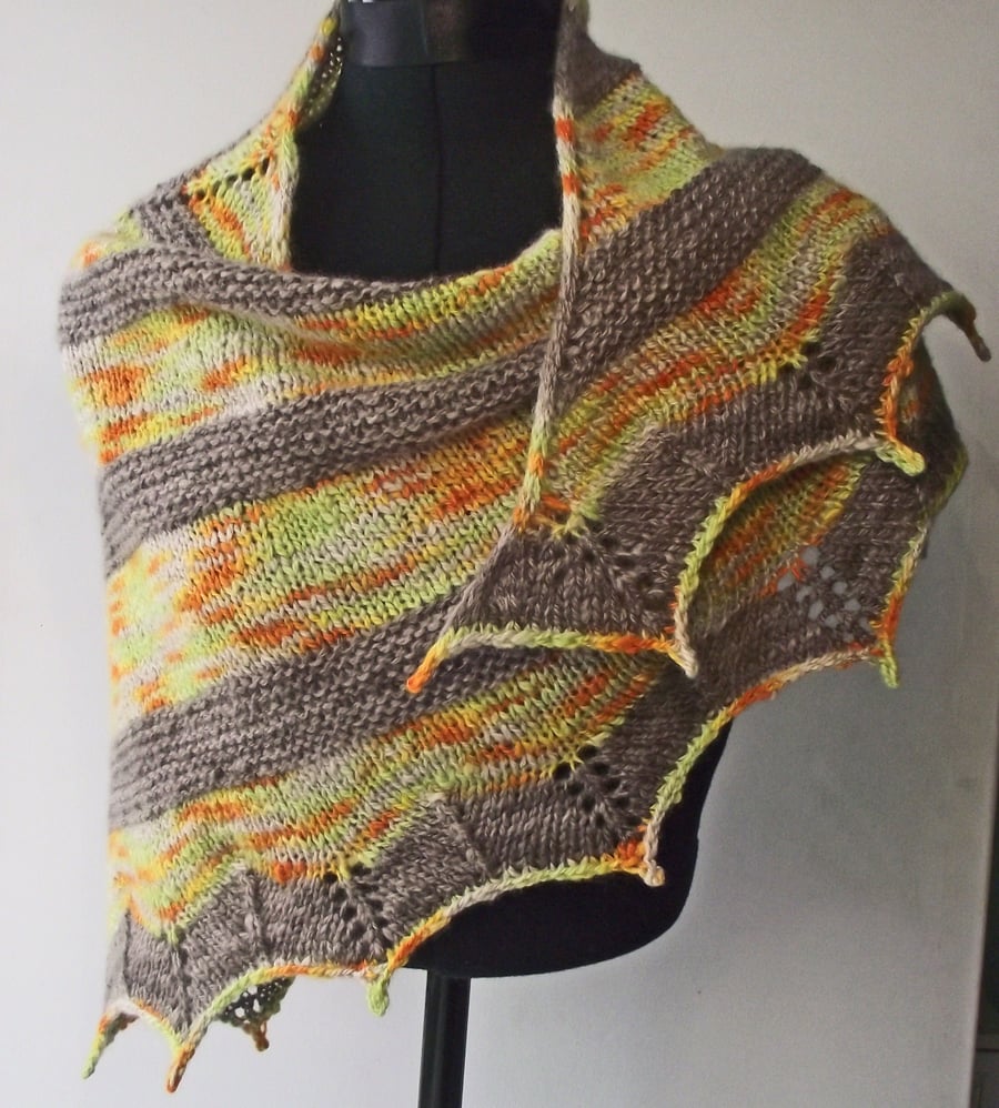 Shawl or Wrap, Knitted Soft Handspun Wool, Hand Dyed Brown, Gold, Yellow 