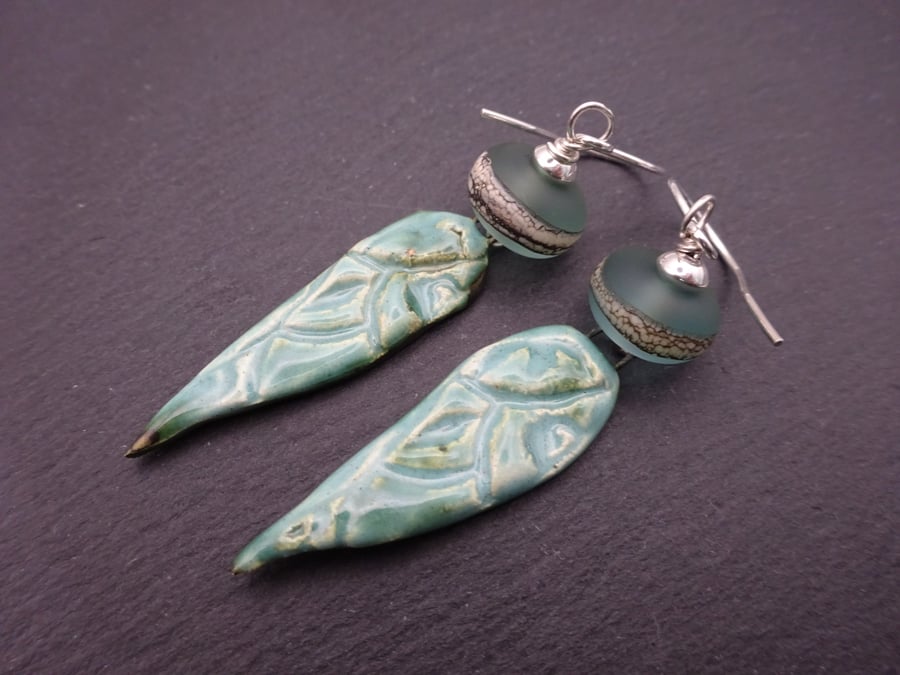 aqua lampwork glass and ceramic scroll earrings