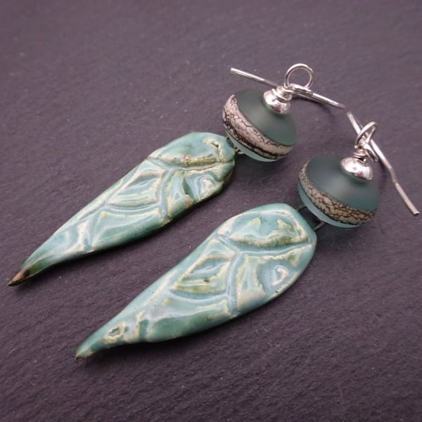 aqua lampwork glass and ceramic scroll earrings