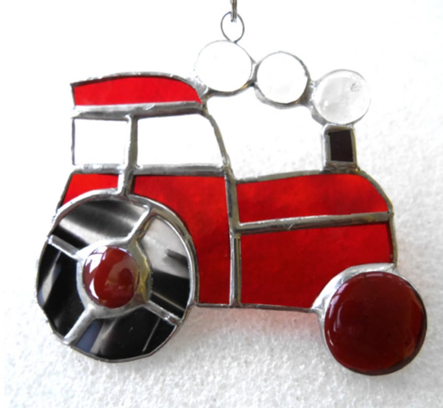  SOLD Stained Glass Tractor Suncatcher Red Handmade 