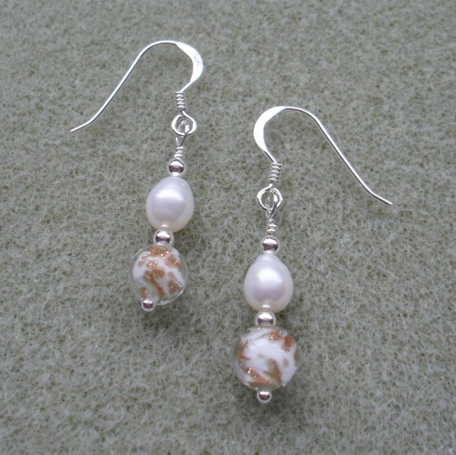 Freshwater pearls and Murano Glass Sterling Silver Earrings