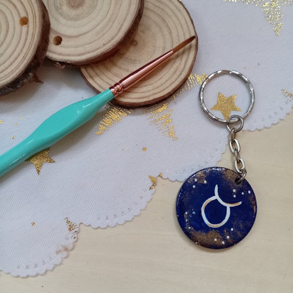 Wooden circular starsign taurus keyring 