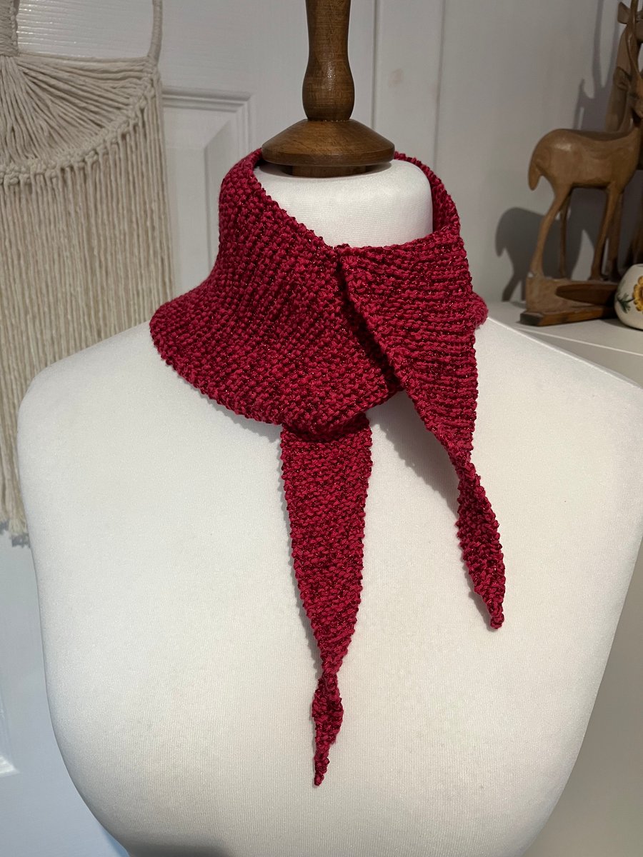Cherry Red shimmer cotton mix yarn Neckerchief scarf Handknitted 80cms