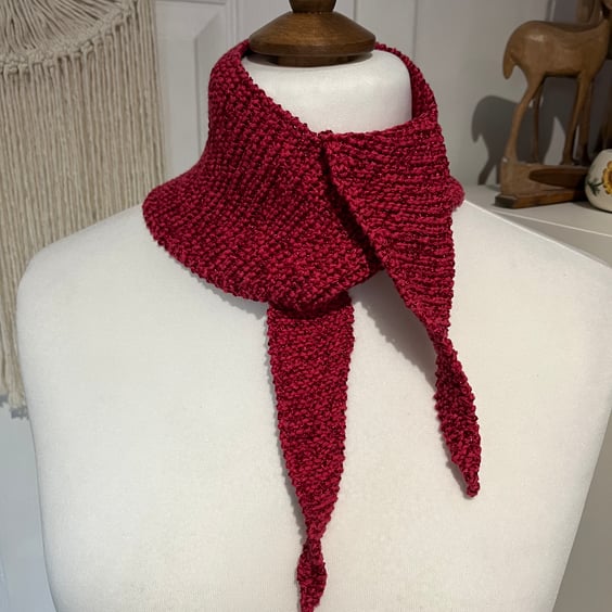 Cherry Red shimmer cotton mix yarn Neckerchief scarf Handknitted 80cms