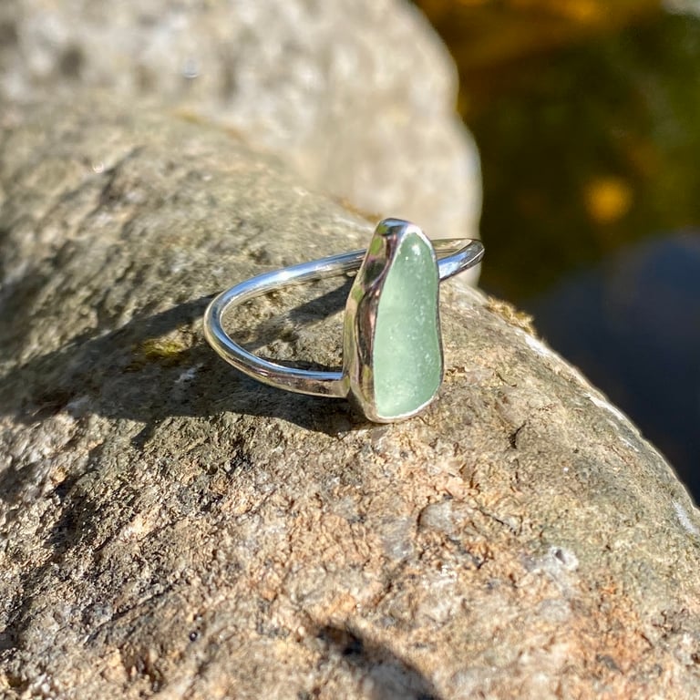 Sea Foam Twist Sea Glass and Sterling Silver Ring- Size O - 1358