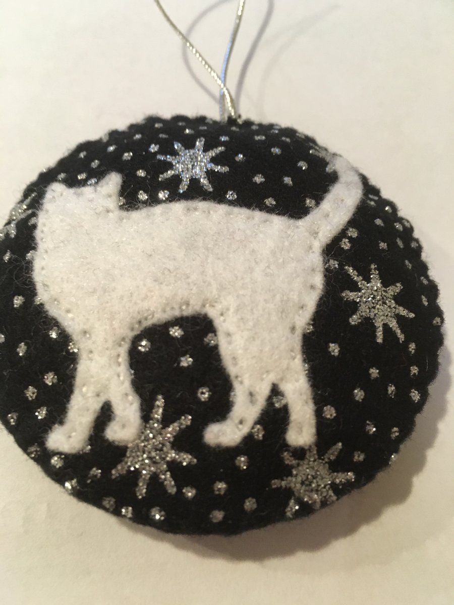 Christmas White Cat, Black bauble, Hanging decoration, Tree decoration, 