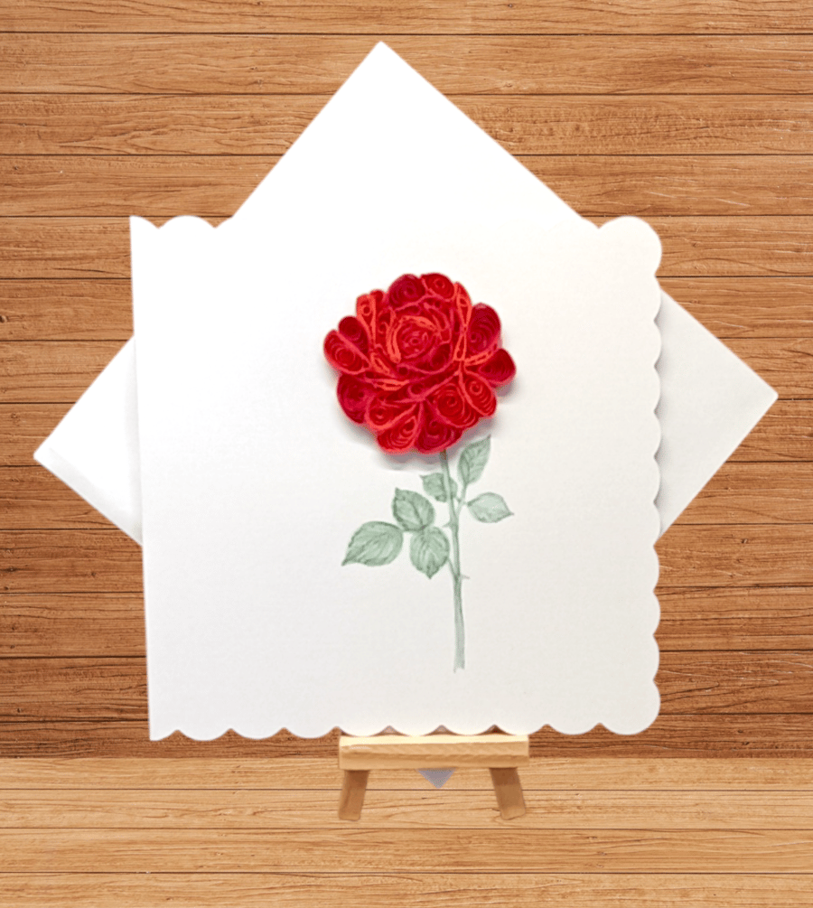 Striking single red rose quilled open card