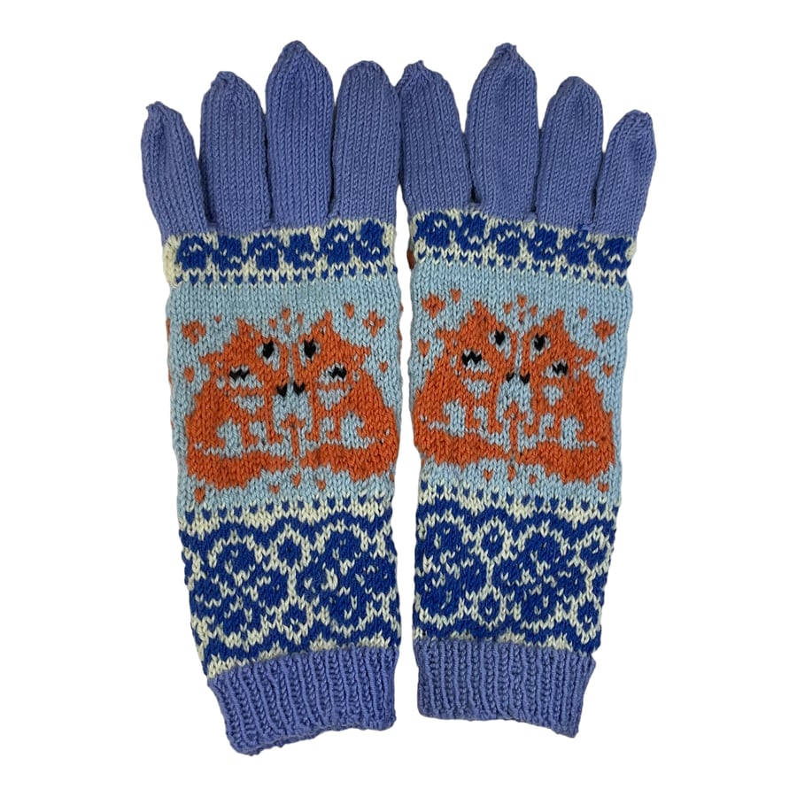  Gloves with fox hand knitted in pure wool, handmade gloves, fox lover gift