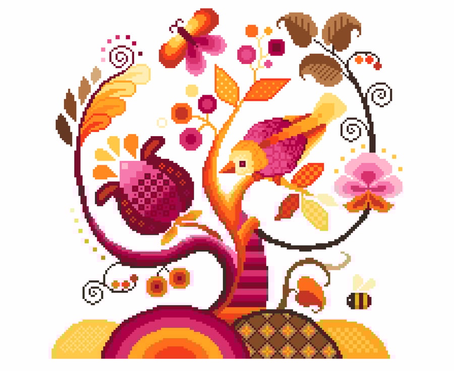 280B - Cross Stitch Pattern Jacobean Crewel Embroidery style tree sampler WARM