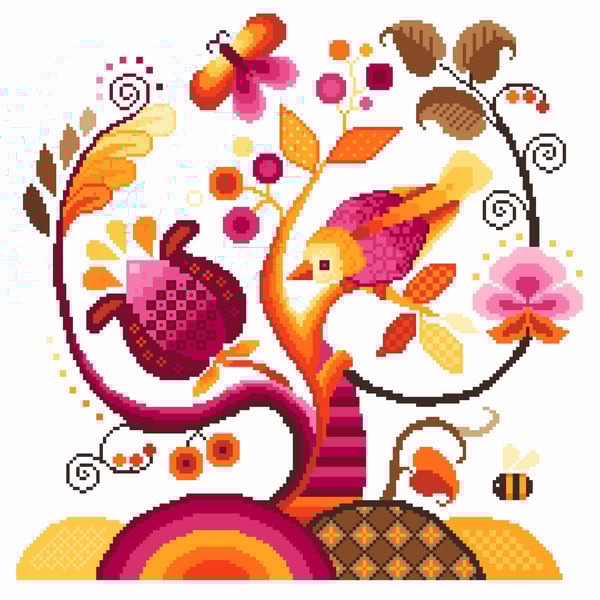 280B - Cross Stitch Pattern Jacobean Crewel Embroidery style tree sampler WARM