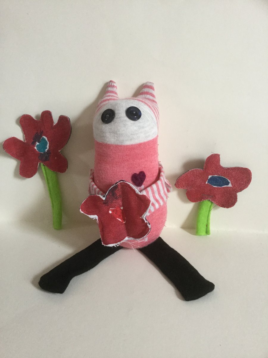 Handmade Peach Sock Desk Buddy with Red Flower, Nursery Decor, Gift