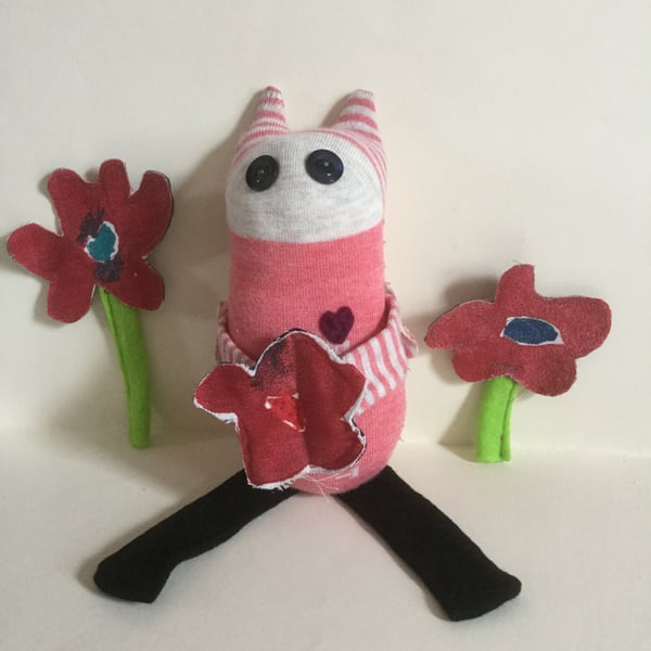 Handmade Peach Sock Desk Buddy with Red Flower, Nursery Decor, Gift