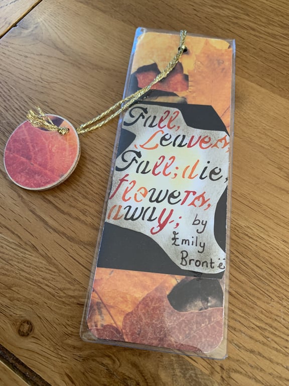 Handmade Bookmark Autumn Leaves Poem by Emily Bronte Gift Hanging Ornament