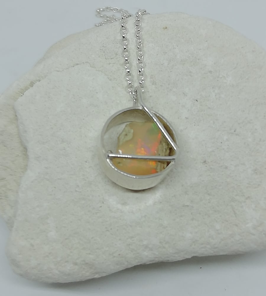 Orange Opal in a Silver Cage Necklace