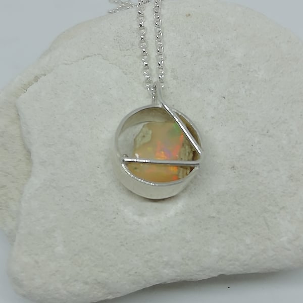 Orange Opal in a Silver Cage Necklace