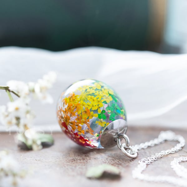 Real Flower Necklace Rainbow Lace Drop Teardrop Pendant Resin Necklace Resin Jew