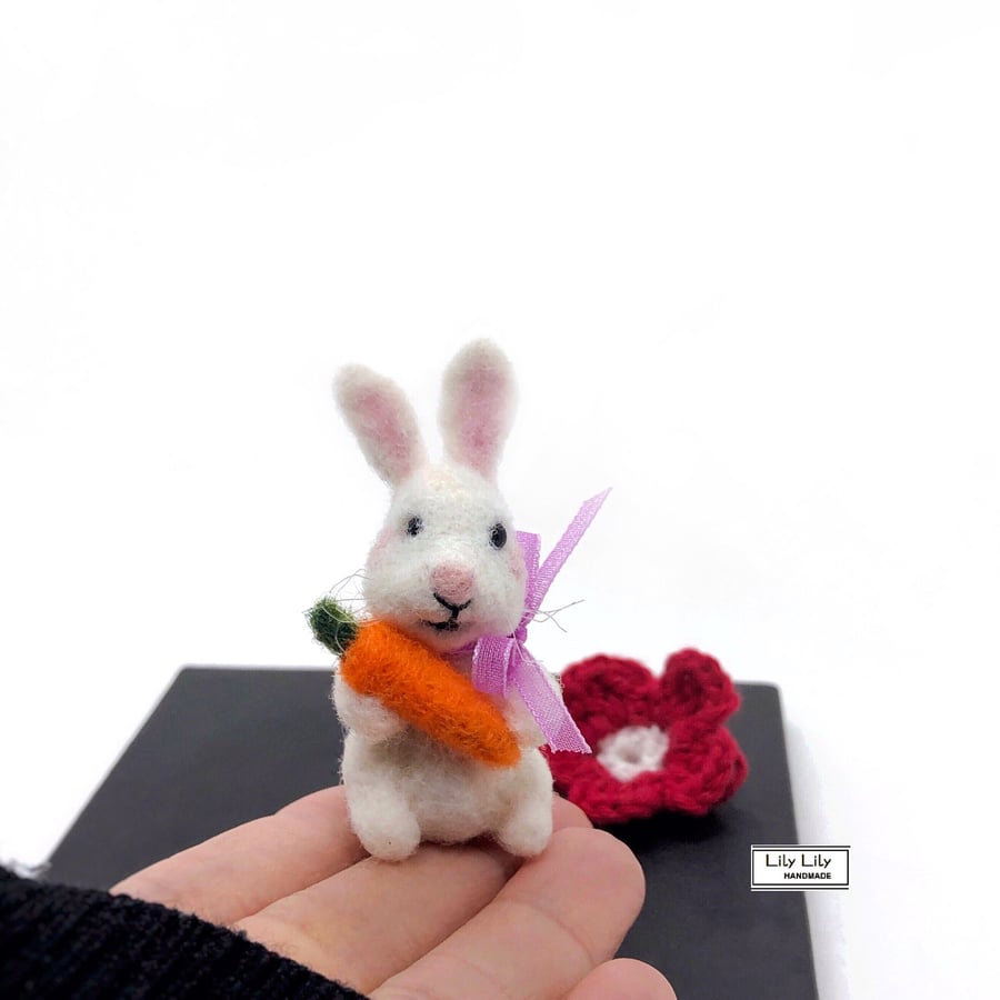 SOLD Miniature rabbit with a carrot, needle felted by Lily Lily Handmade