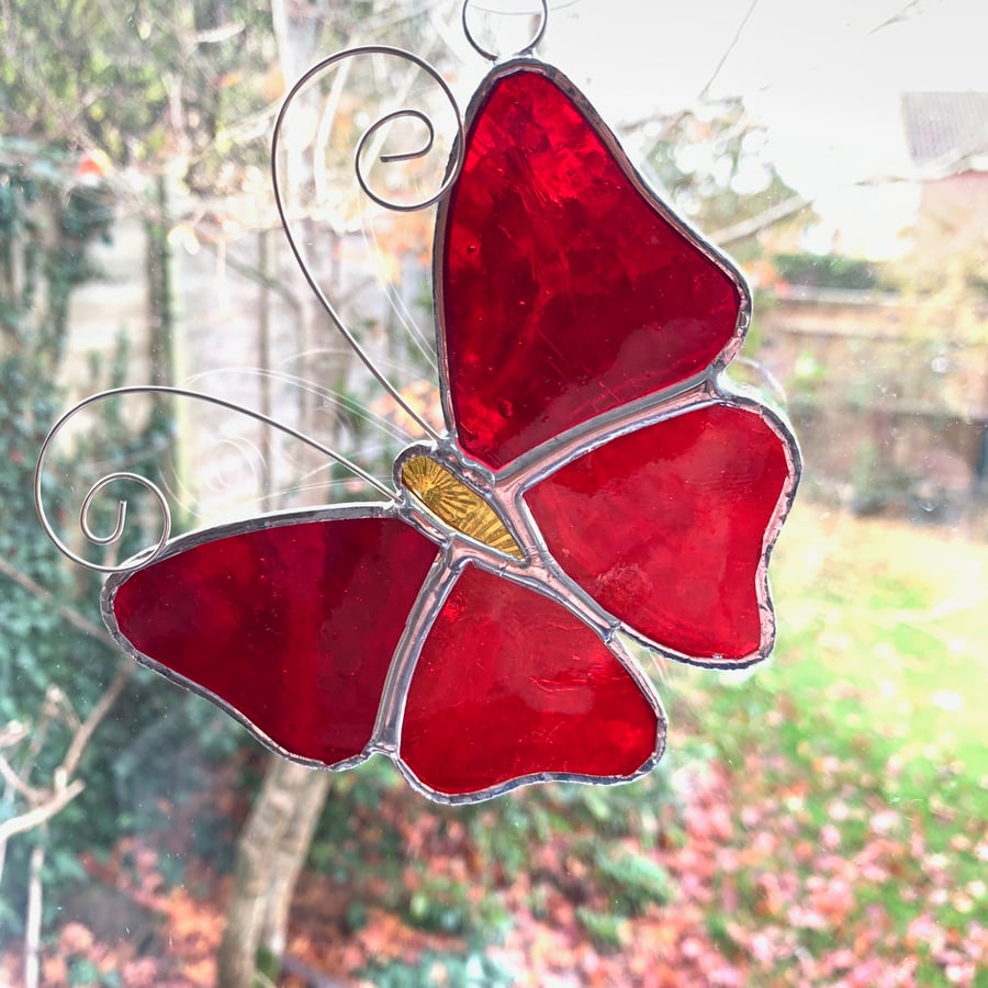 Stained Glass Butterfly Suncatcher - Handmade Decoration - Red 