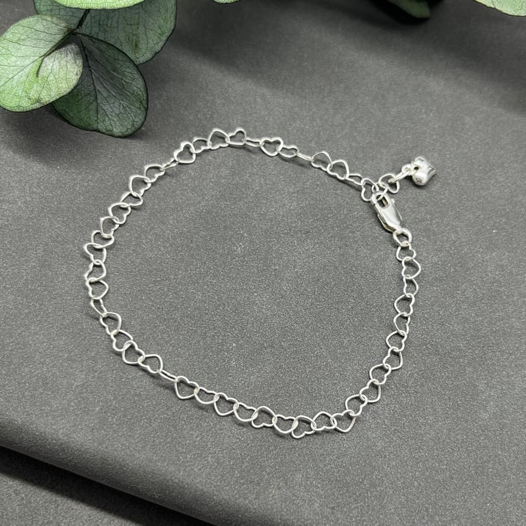 Delicate Heart Link Sterling Silver Bracelet 