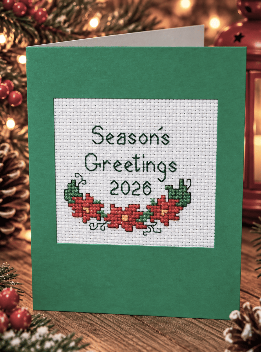 Handmade Cross Stitch Season's Greetings 2026 Christmas Card – Poinsettias