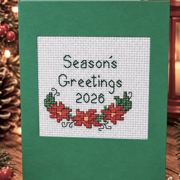 Handmade Cross Stitch Season's Greetings 2026 Christmas Card – Poinsettias