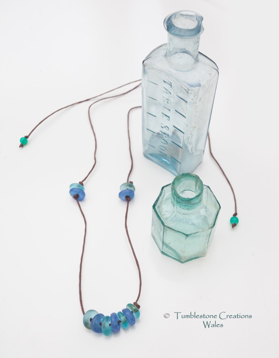 Recycled Blue and Turquoise Glass Beaded Cord Necklace