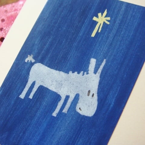 SALE Hand painted Christmas Card Little donkey, blue star, recycled
