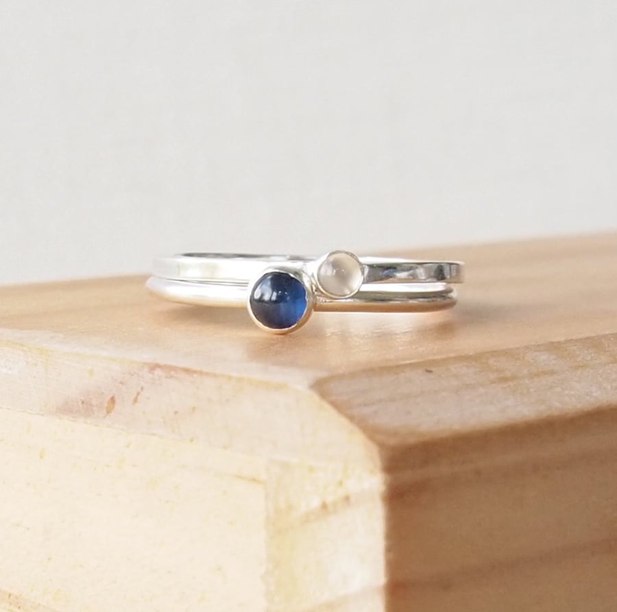 Sapphire and Moonstone Double Ring Set. Sterling Silver Gemstone Rings