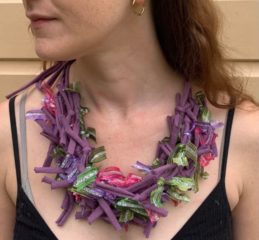 Purple tee shirt yarn   fabric necklace scarf , statement piece 