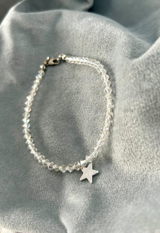 Handmade Clear Crystal Bicone Beaded Bracelet with Silver Star Charm
