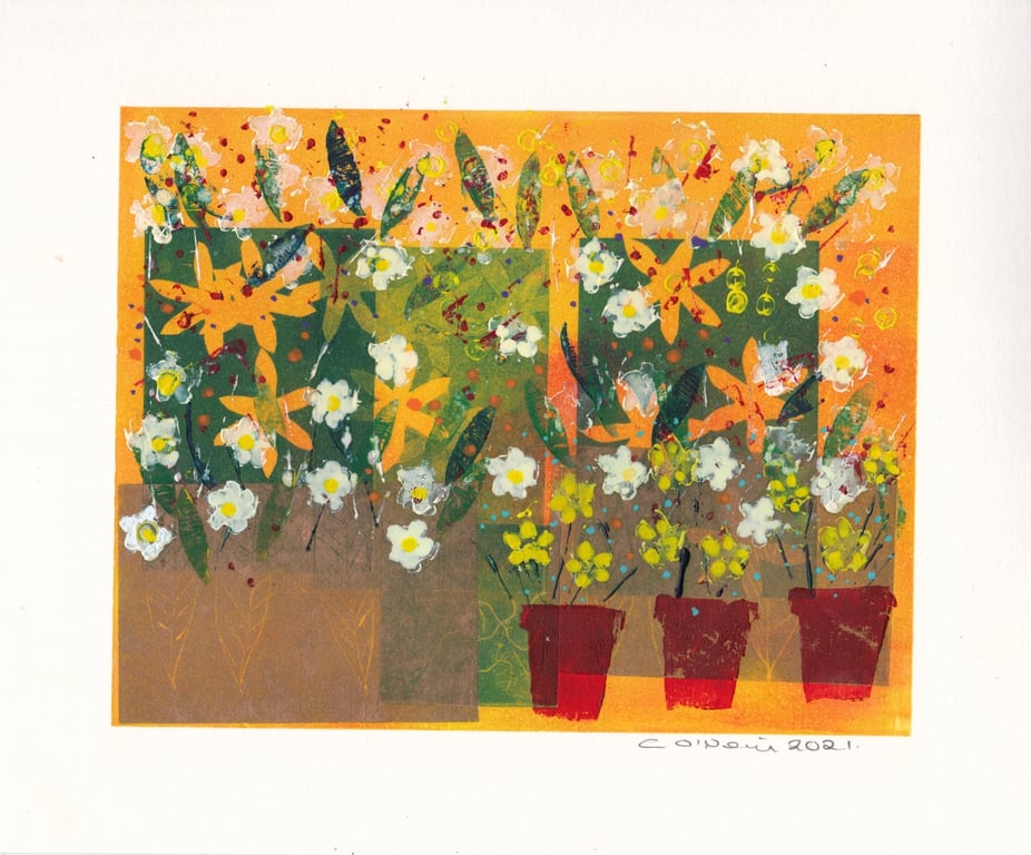 Patio Pots in a row. Mono print with paint - Original artwork