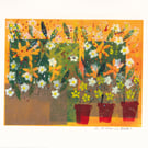 Patio Pots in a row. Mono print with paint - Original artwork
