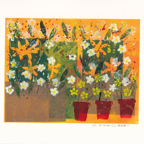 Patio Pots in a row. Mono print with paint - Original artwork