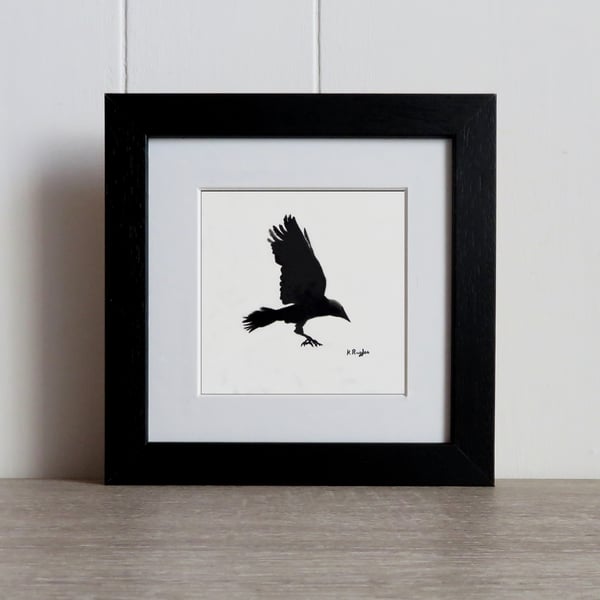 Flying jackdaw original charcoal pencil drawing, gothic gift
