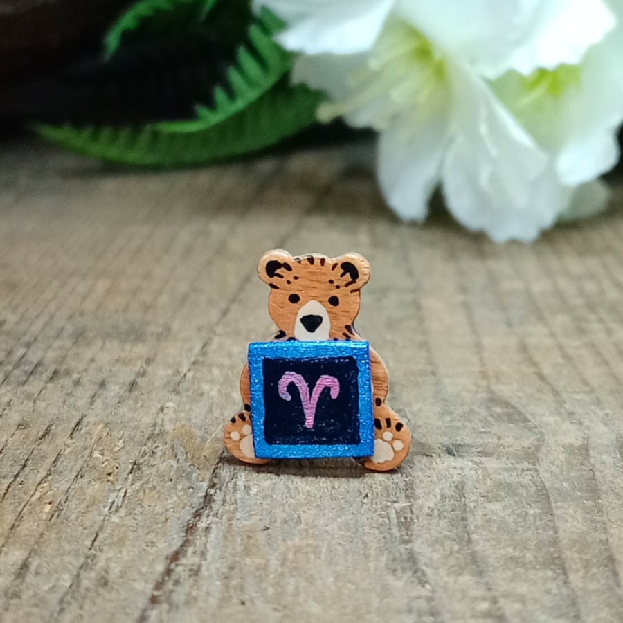 Aries Bear Pin, Handmade Tiny Star Sign Wooden Teddy Badge