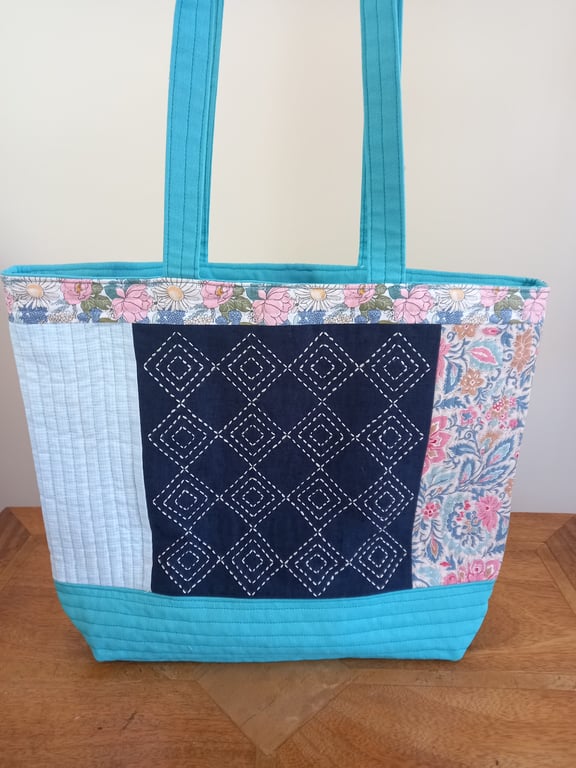 Teal and Pink Sashiko tote bag