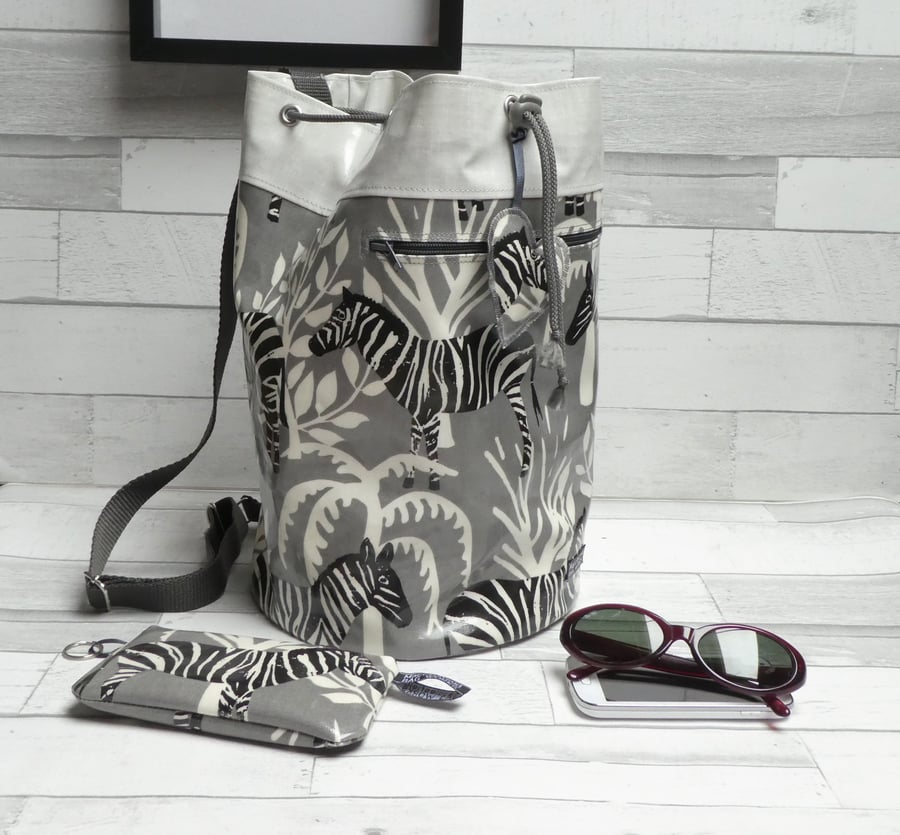 Zebra Print Oilcloth Duffel or Bucket Bag with Coinpurse