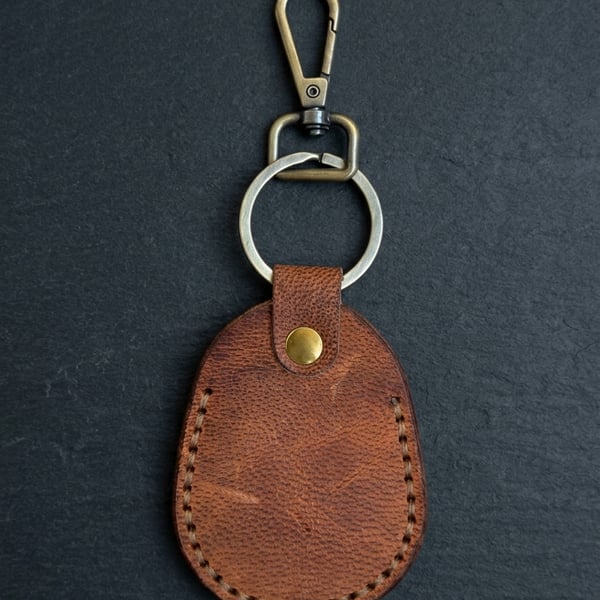Cognac Tan Full Grain Leather Shield Key Fob Snap Hook Clasp UK