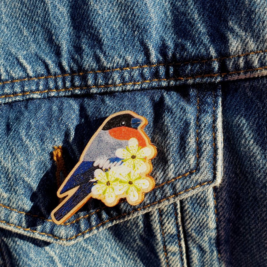 Bullfinch and Blossom Wooden Pin