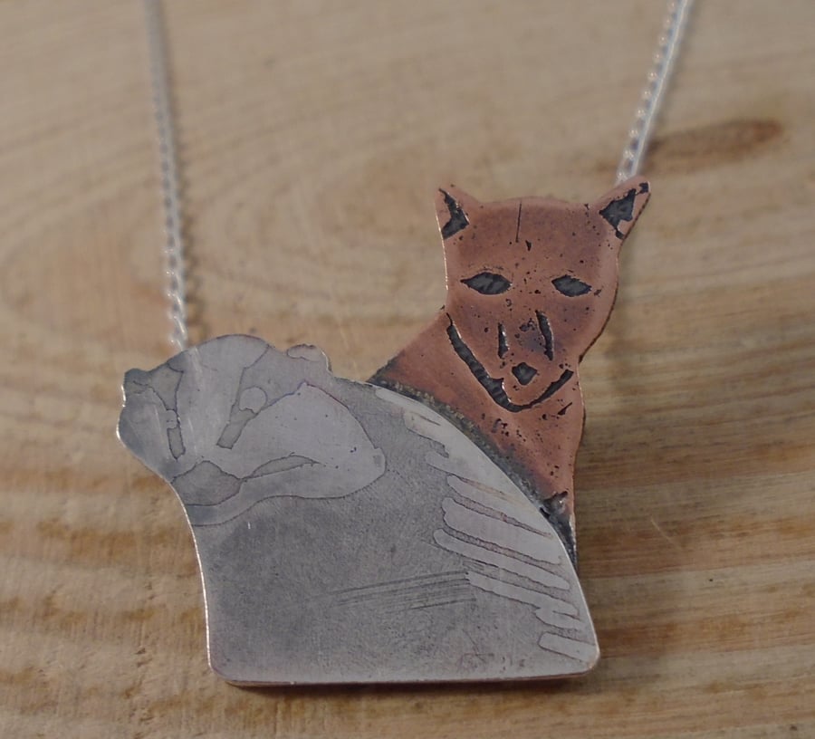 Sterling Silver and Copper Etched Fox and Badger Necklace